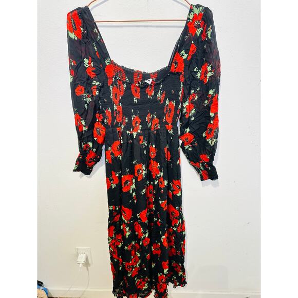 RIXO Black Red Poppy Floral Flowy Airy Yas Midi Dress size Medium - Picture 3 of 16